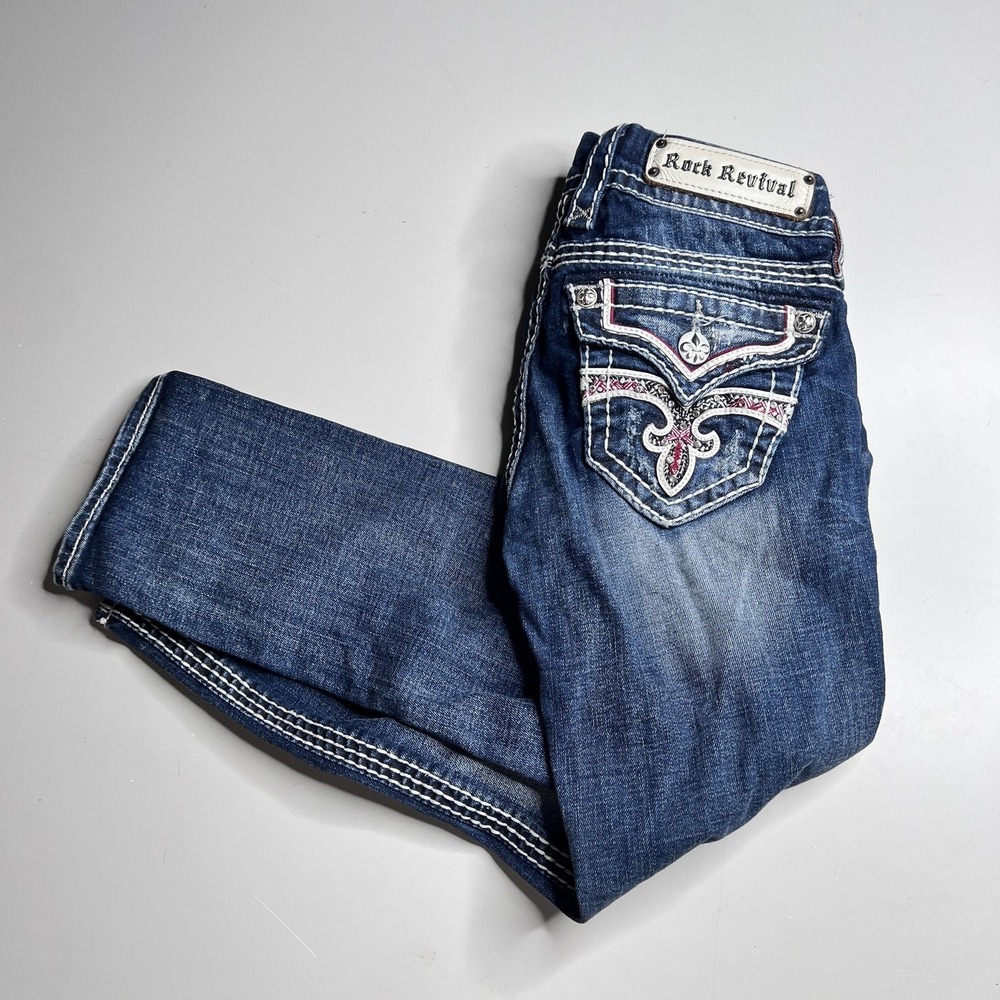 Rock Revival‎ Jeans Womens 26 Blue Noelle Capri Rhinestone Embroidered Denim